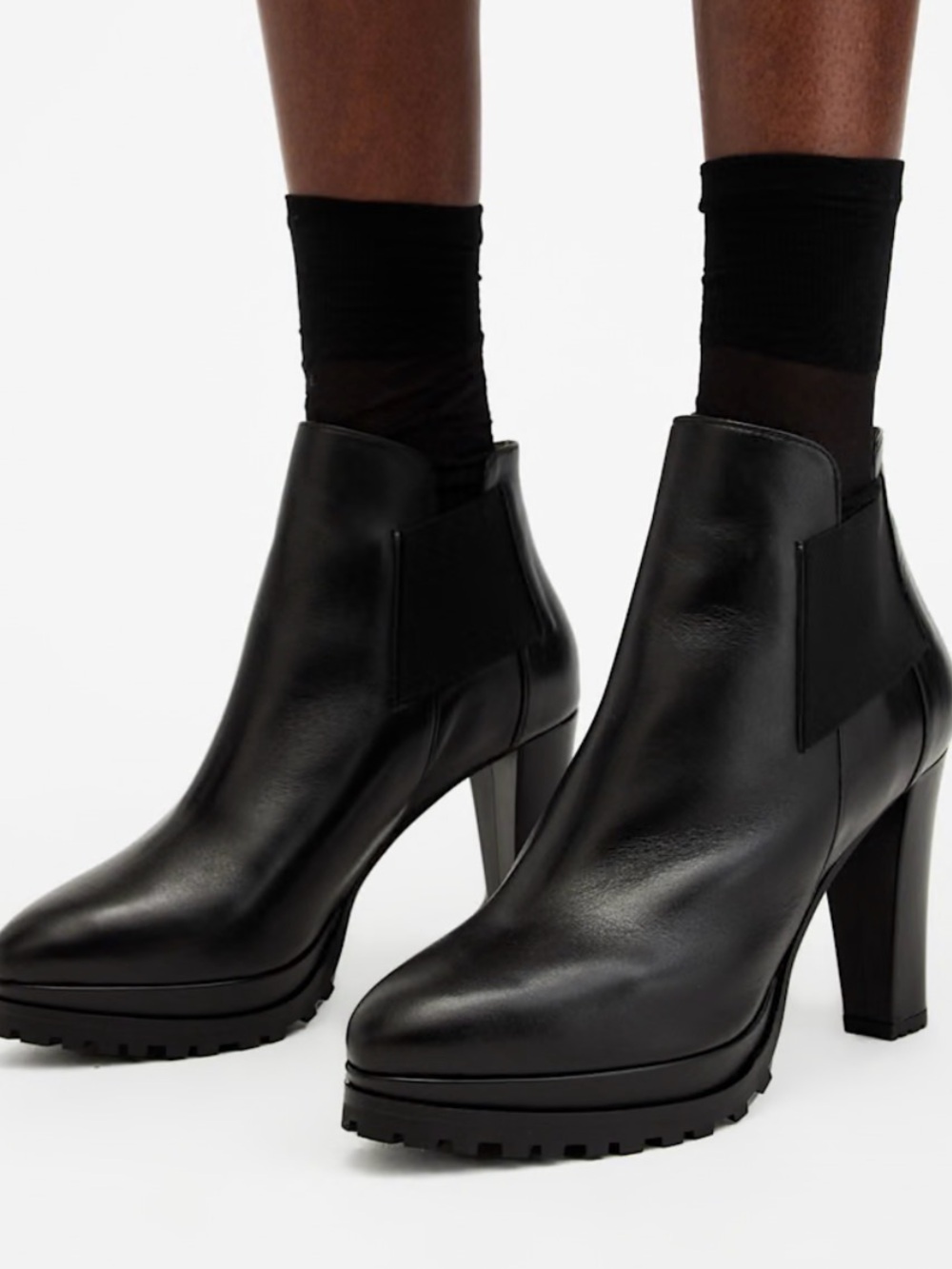 ALLSAINTS Sarris Black Leather Lug‑Sole Heeled Ankle Boots